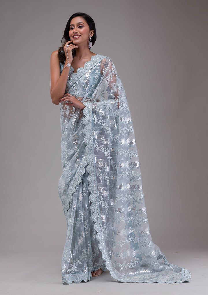 Sky Blue Sequins Net Saree
