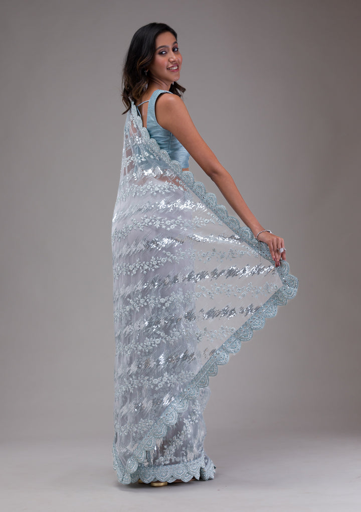 Sky Blue Sequins Net Saree