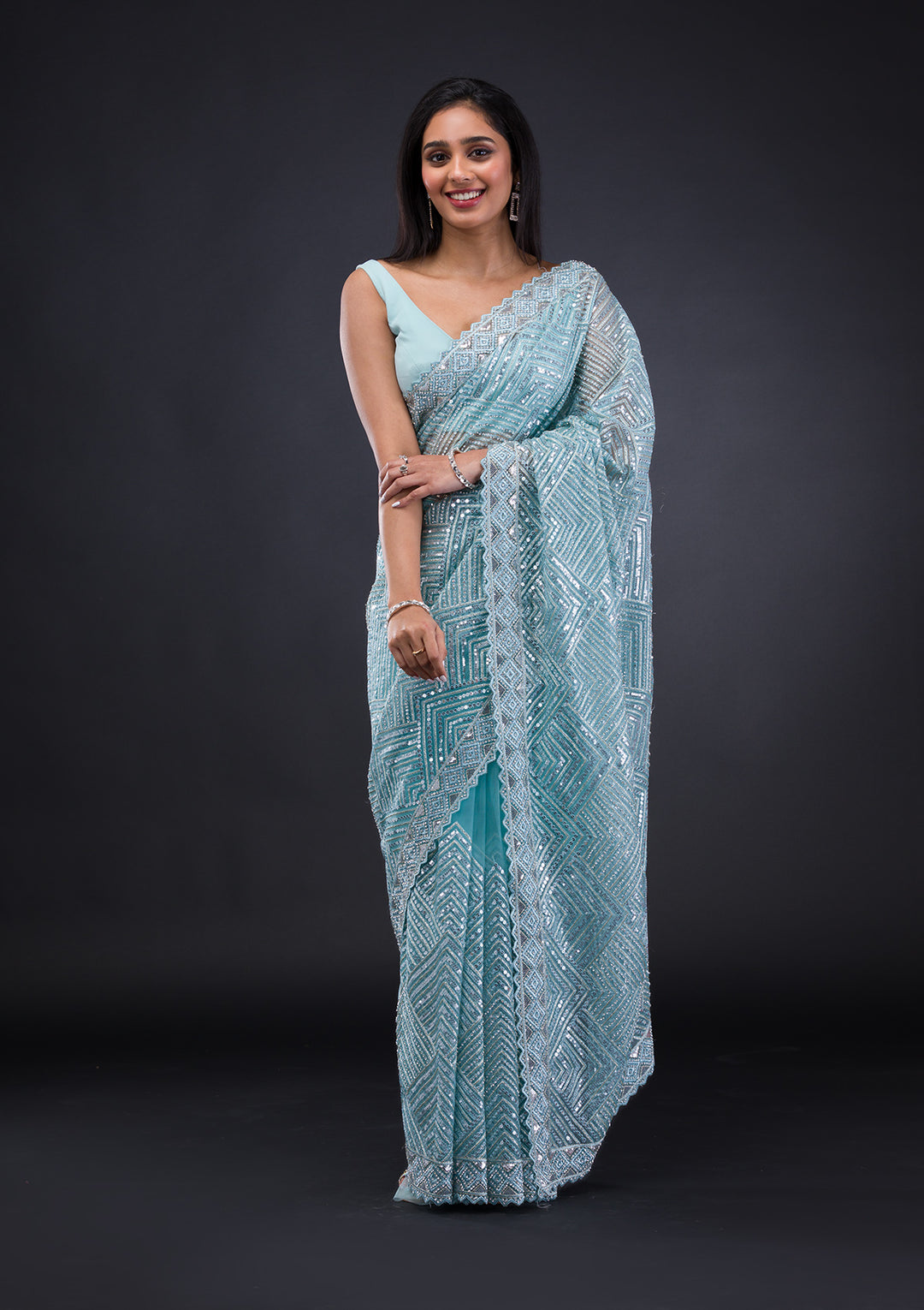 Sky Blue Threadwork Net Saree