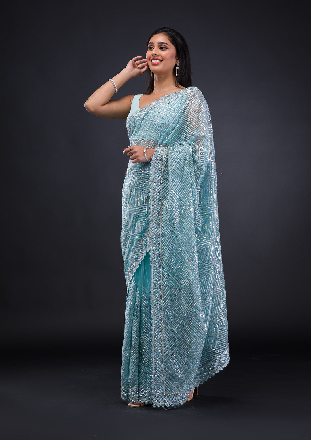 Sky Blue Threadwork Net Saree