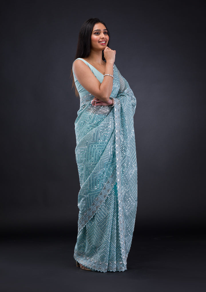 Sky Blue Threadwork Net Saree