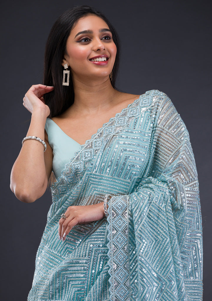 Sky Blue Threadwork Net Saree