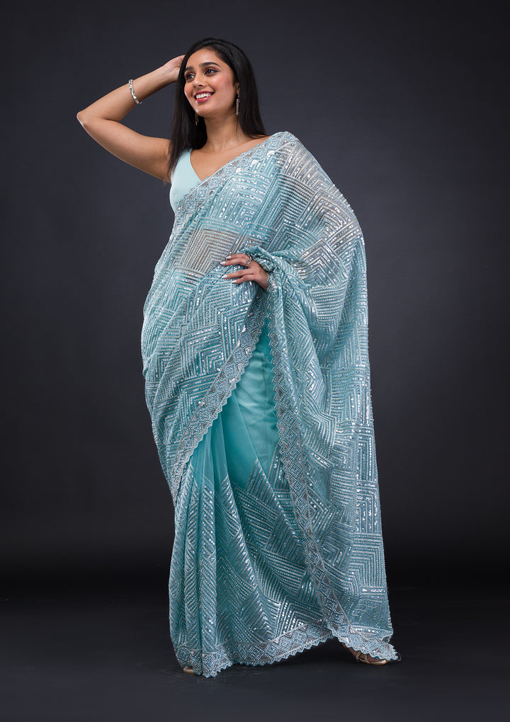 Sky Blue Threadwork Net Saree
