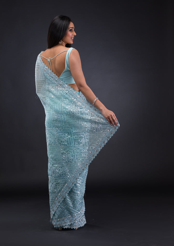 Sky Blue Threadwork Net Saree