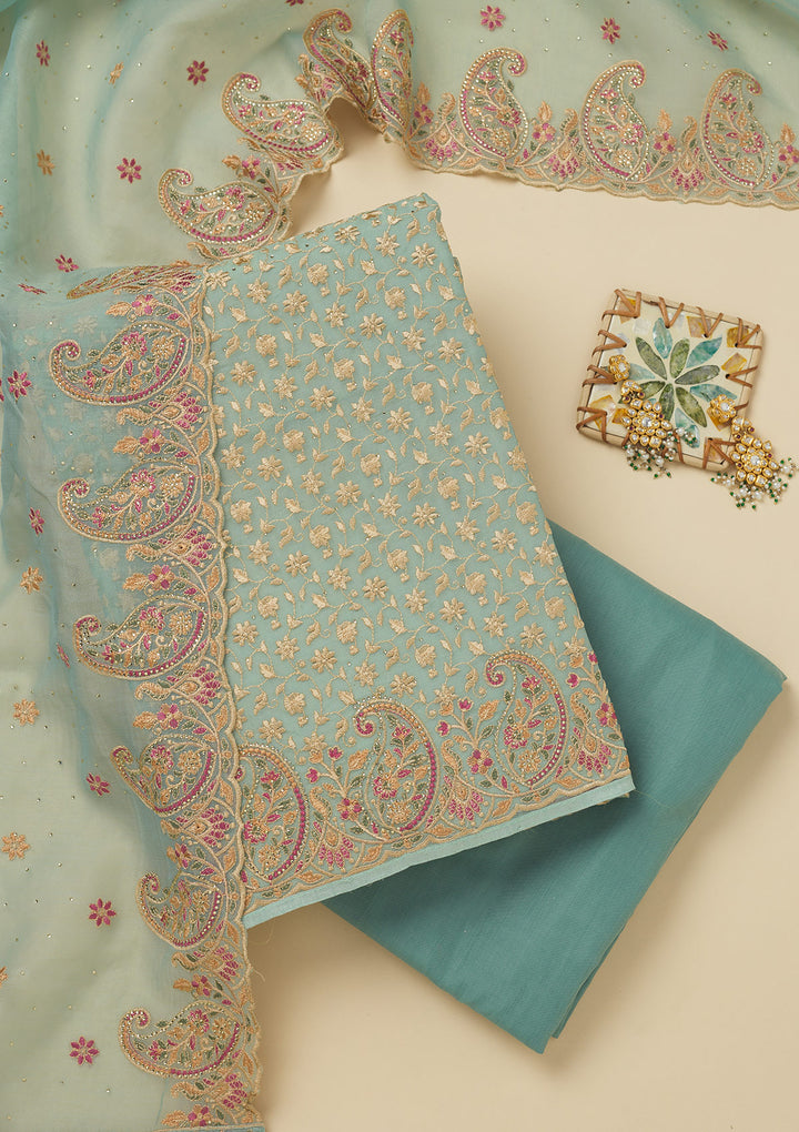 Sky Blue Threadwork Organza Unstitched Salwar Suit