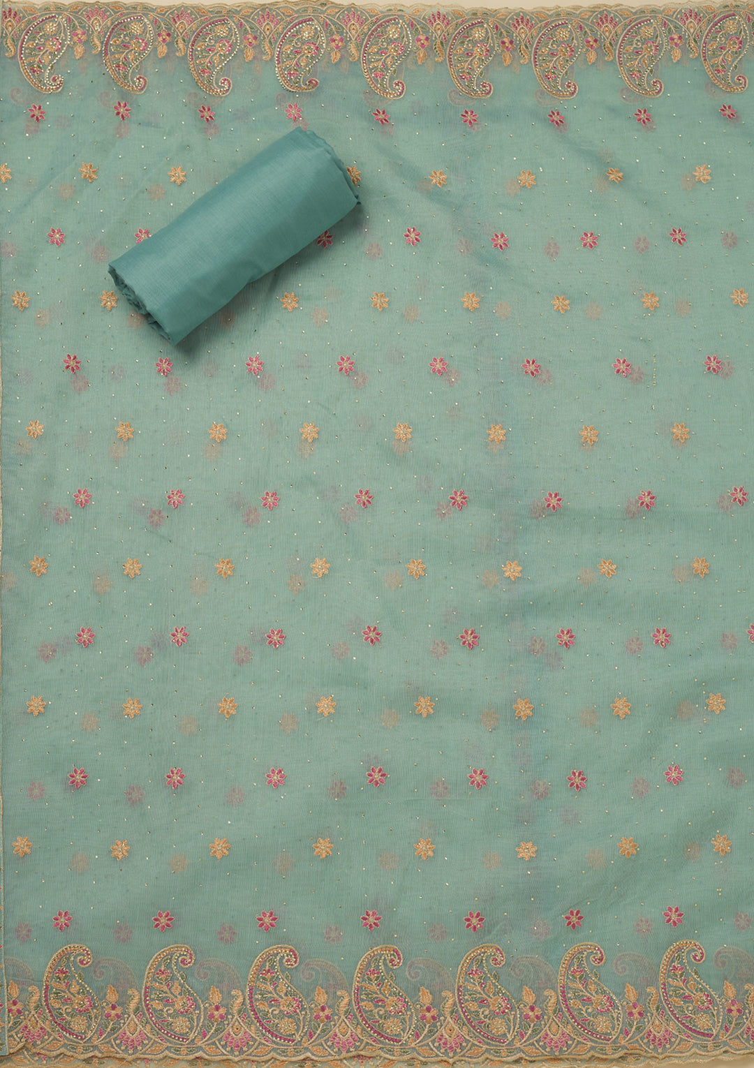 Sky Blue Threadwork Organza Unstitched Salwar Suit