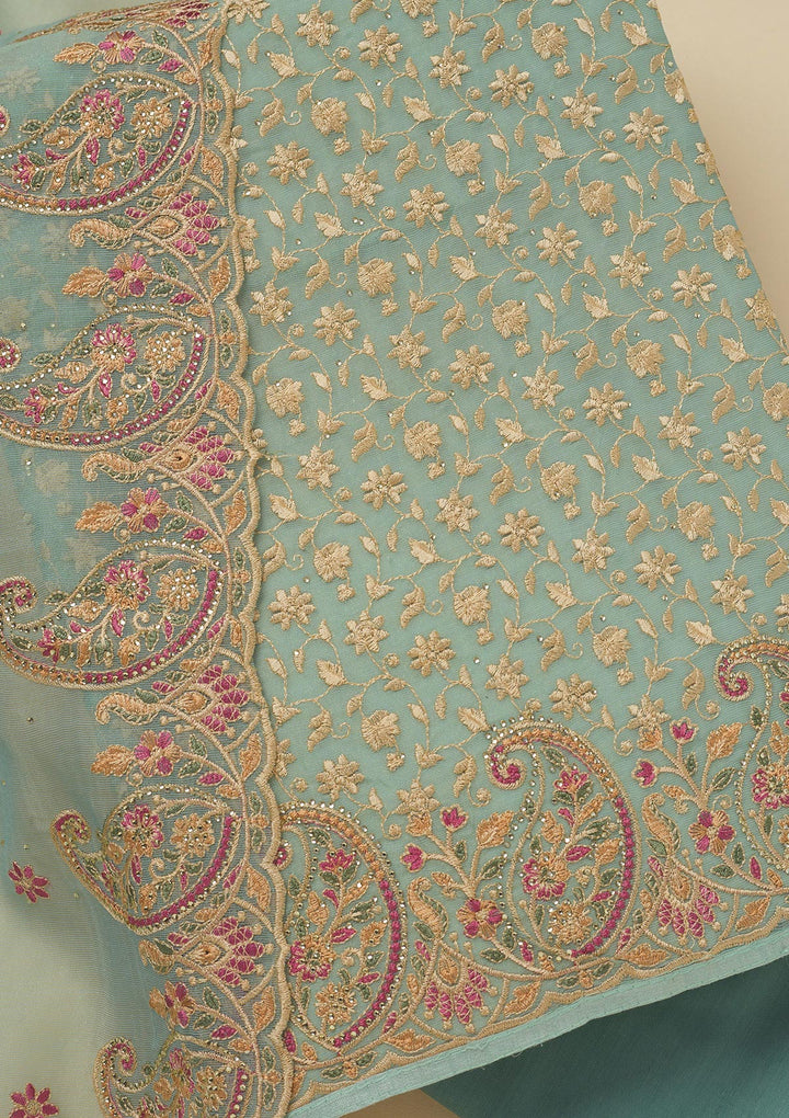 Sky Blue Threadwork Organza Unstitched Salwar Suit