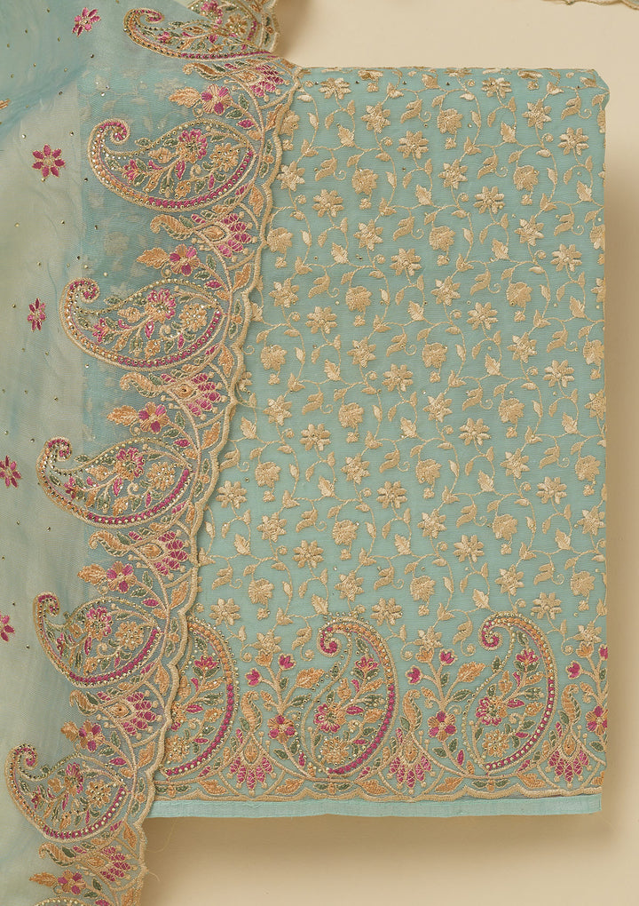 Sky Blue Threadwork Organza Unstitched Salwar Suit