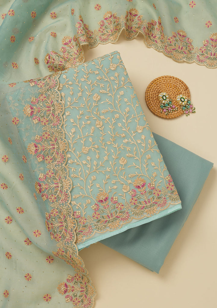 Sky Blue Threadwork Organza Unstitched Salwar Suit