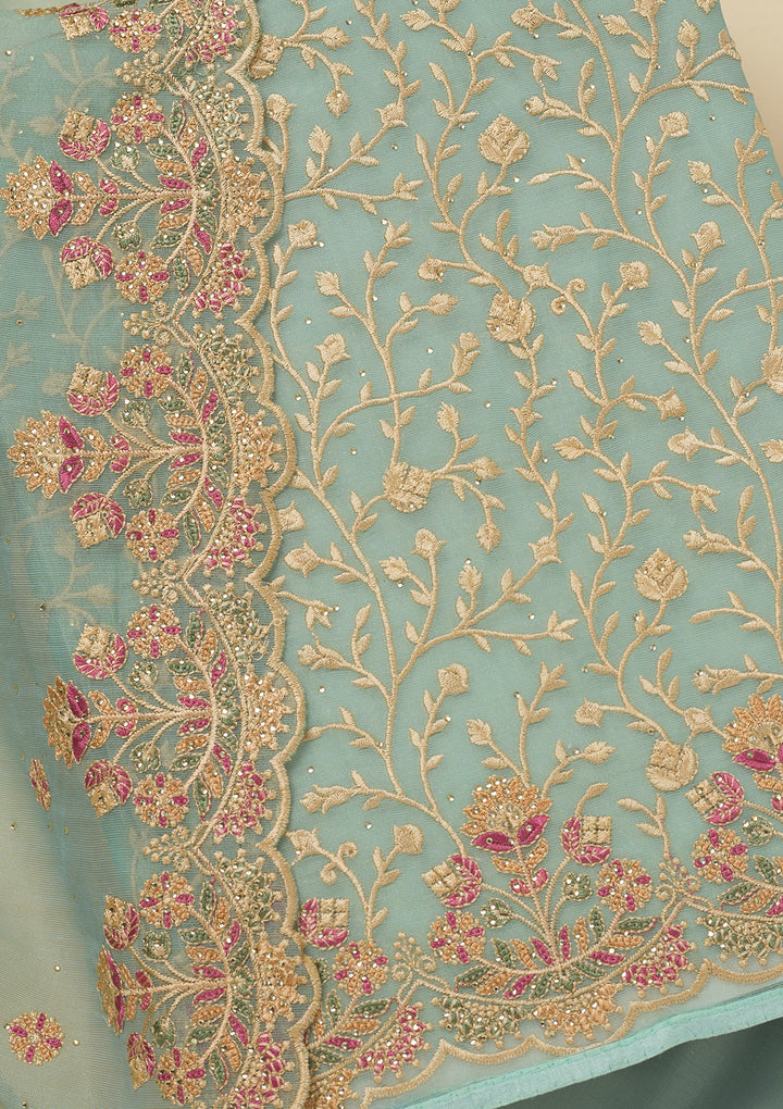 Sky Blue Threadwork Organza Unstitched Salwar Suit