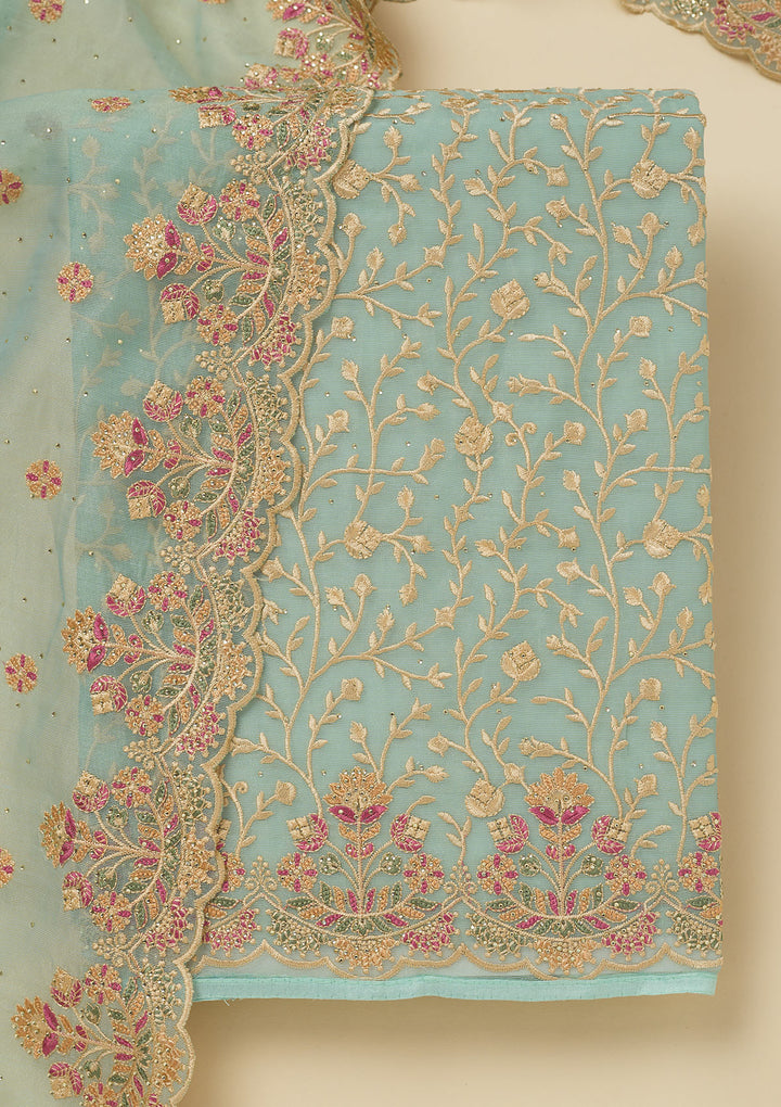Sky Blue Threadwork Organza Unstitched Salwar Suit