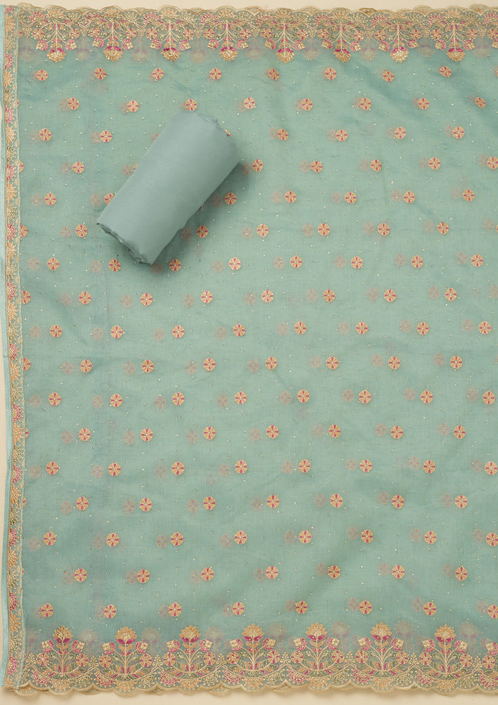 Sky Blue Threadwork Organza Unstitched Salwar Suit