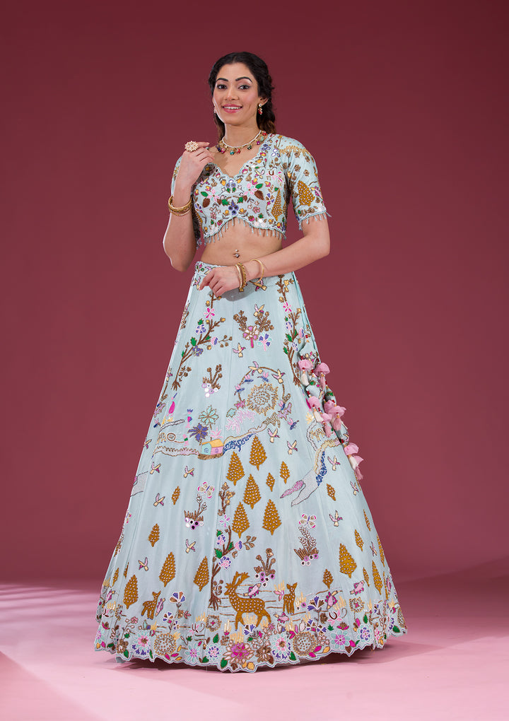 Sky Blue Threadwork Raw Silk Readymade Lehenga