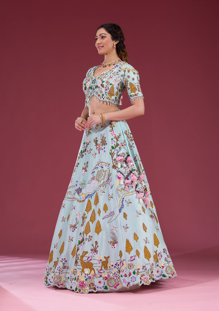 Sky Blue Threadwork Raw Silk Readymade Lehenga