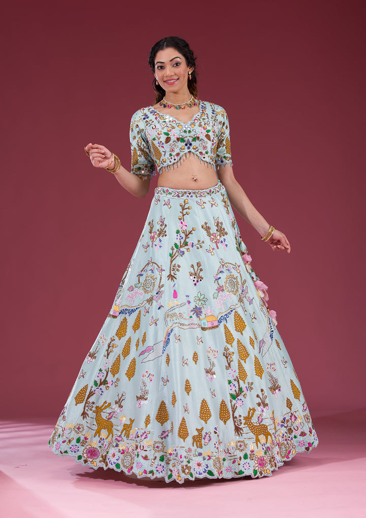 Sky Blue Threadwork Raw Silk Readymade Lehenga