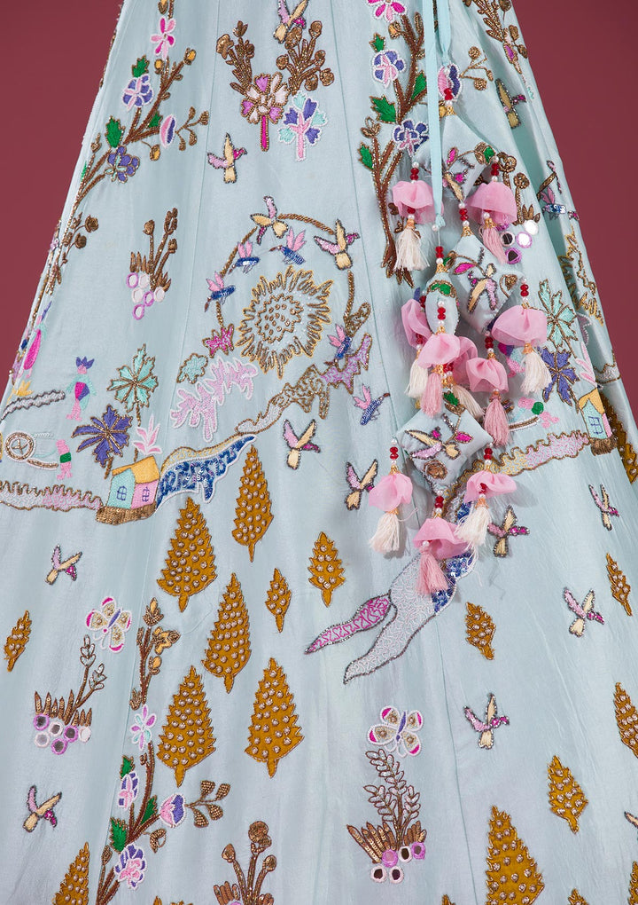 Sky Blue Threadwork Raw Silk Readymade Lehenga