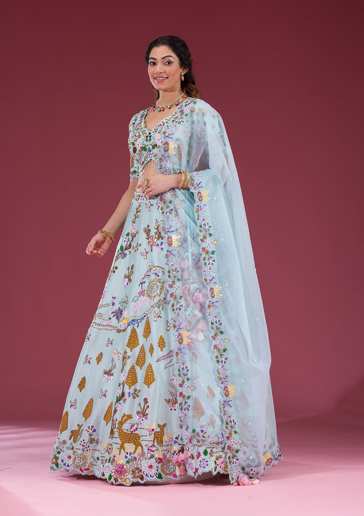 Sky Blue Threadwork Raw Silk Readymade Lehenga