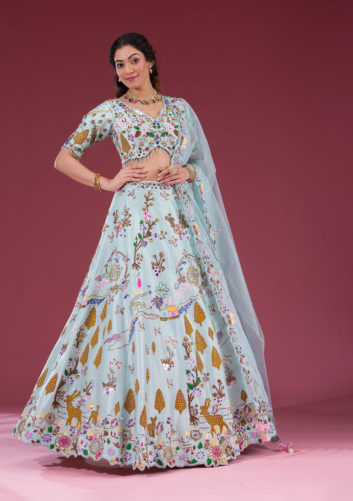 Sky Blue Threadwork Raw Silk Readymade Lehenga