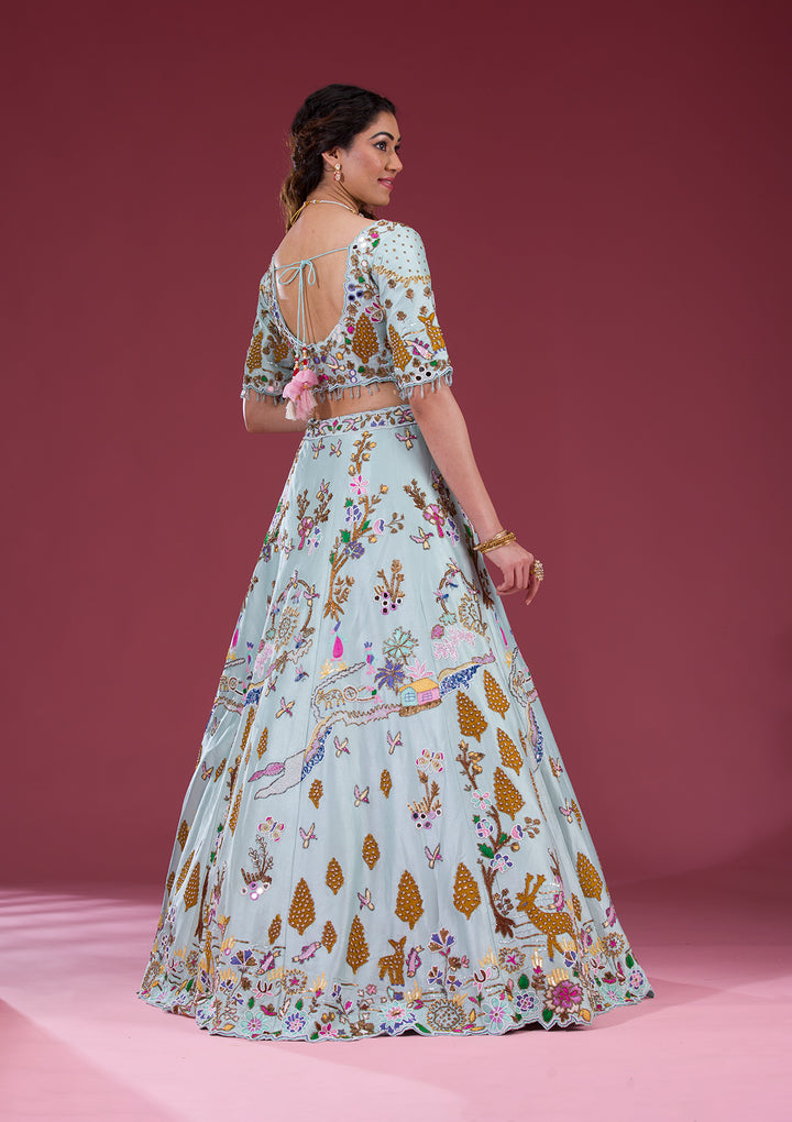Sky Blue Threadwork Raw Silk Readymade Lehenga
