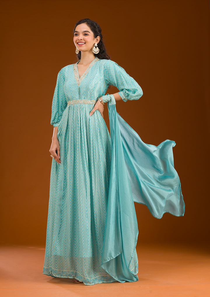 Sky Blue Threadwork Semi Crepe Readymade Salwar Suit