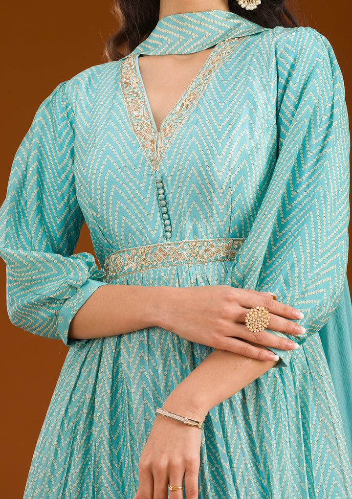 Sky Blue Threadwork Semi Crepe Readymade Salwar Suit