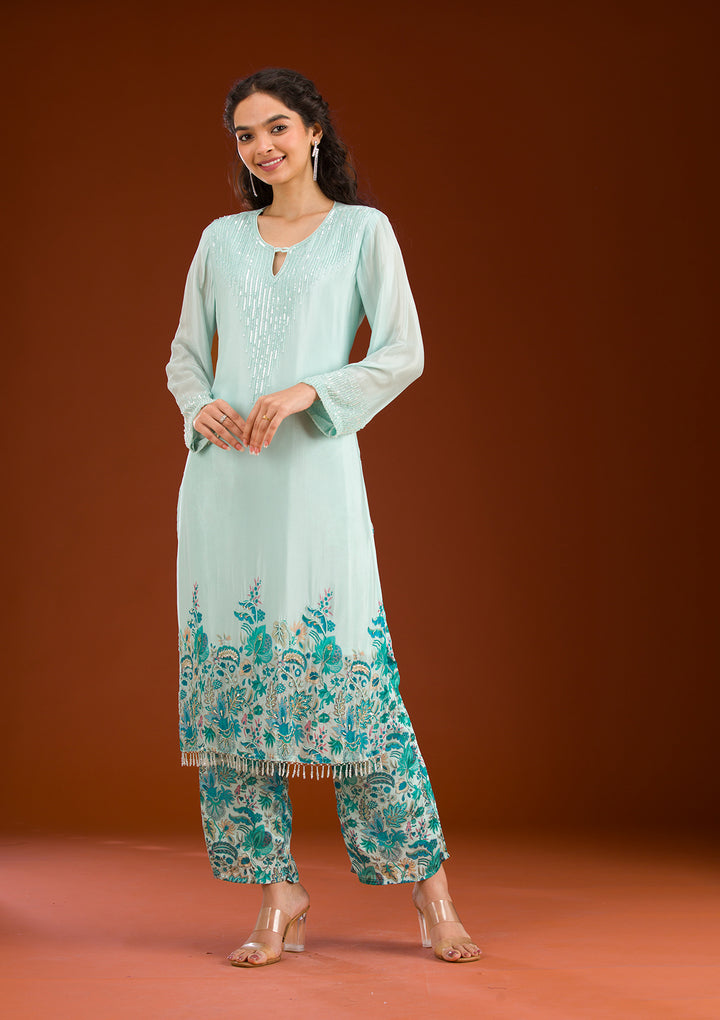 Sky Blue Threadwork Semi Crepe Readymade Salwar Suit