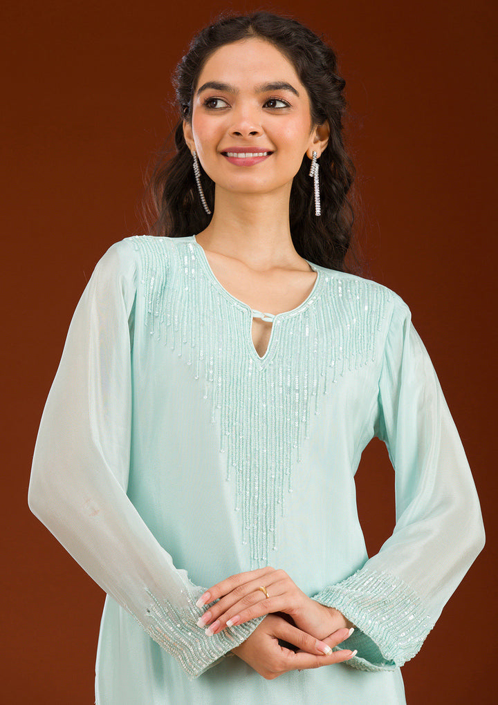 Sky Blue Threadwork Semi Crepe Readymade Salwar Suit