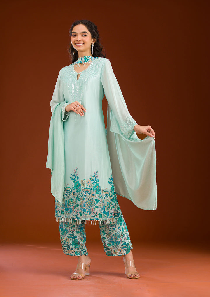 Sky Blue Threadwork Semi Crepe Readymade Salwar Suit