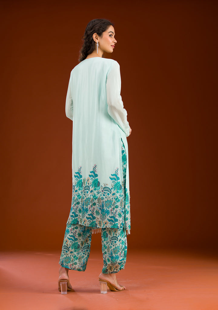 Sky Blue Threadwork Semi Crepe Readymade Salwar Suit