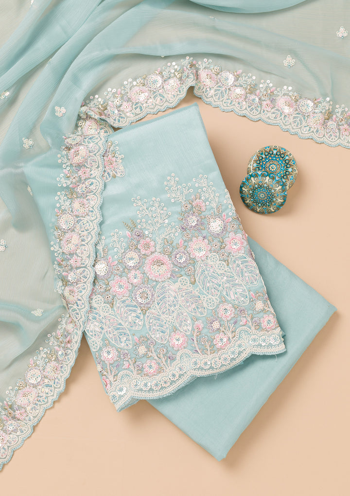 Sky Blue Threadwork Semi Crepe Unstitched Salwar Suit
