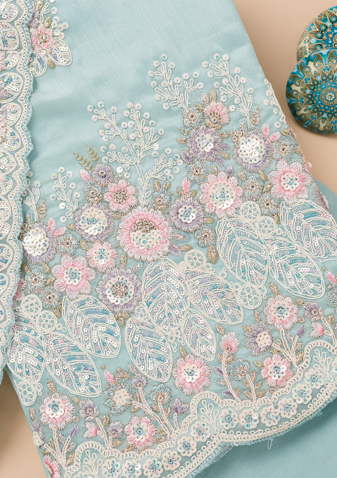 Sky Blue Threadwork Semi Crepe Unstitched Salwar Suit