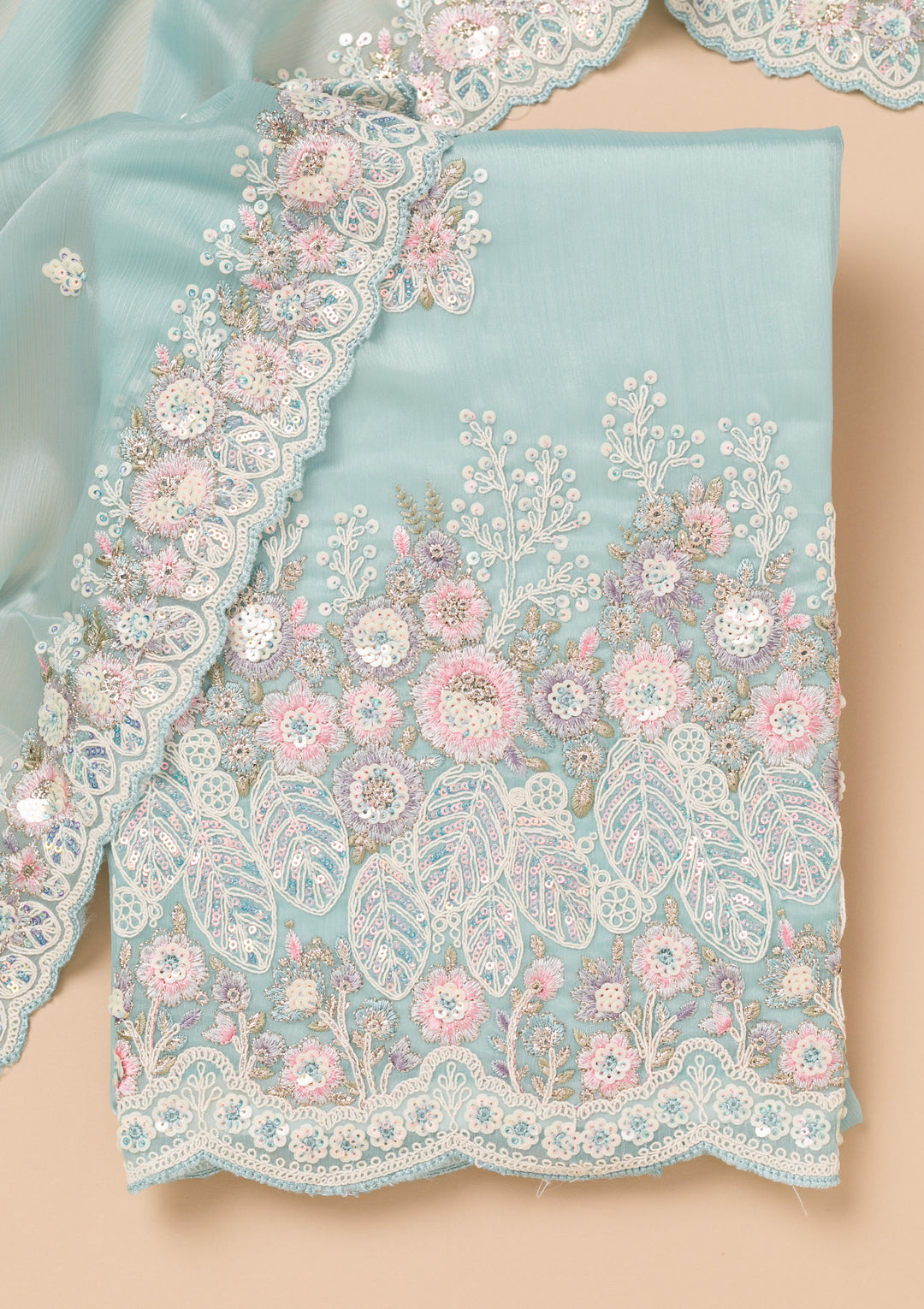 Sky Blue Threadwork Semi Crepe Unstitched Salwar Suit
