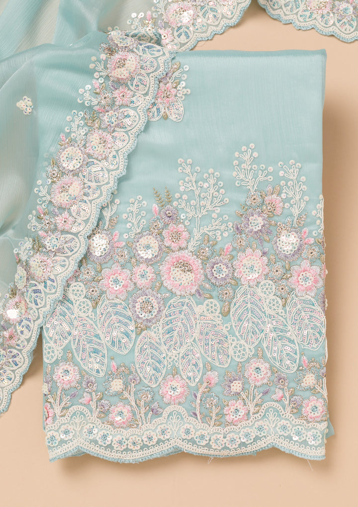 Sky Blue Threadwork Semi Crepe Unstitched Salwar Suit