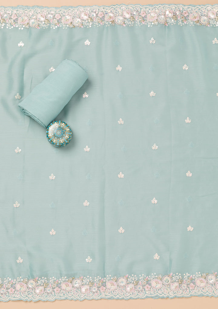 Sky Blue Threadwork Semi Crepe Unstitched Salwar Suit