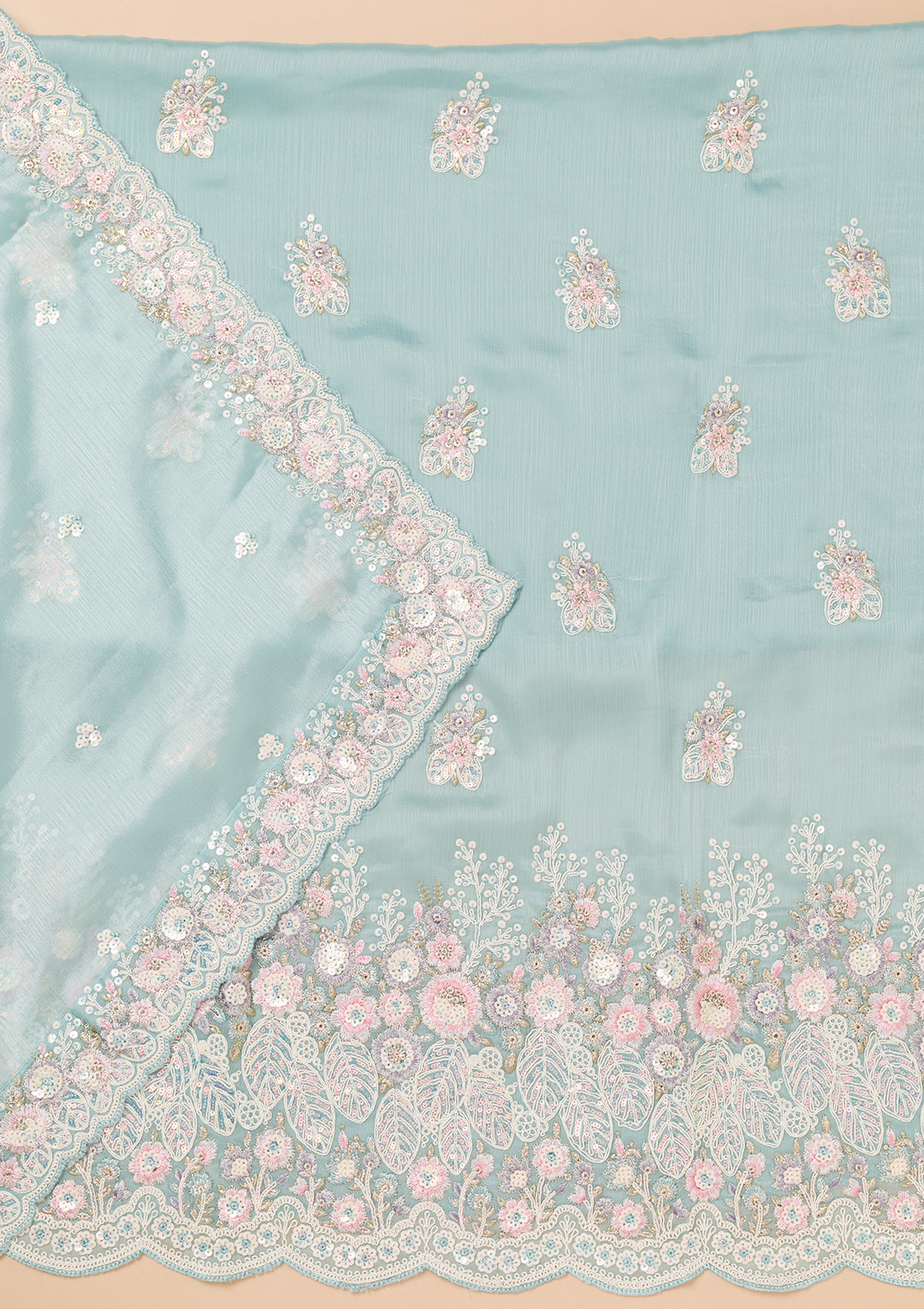 Sky Blue Threadwork Semi Crepe Unstitched Salwar Suit