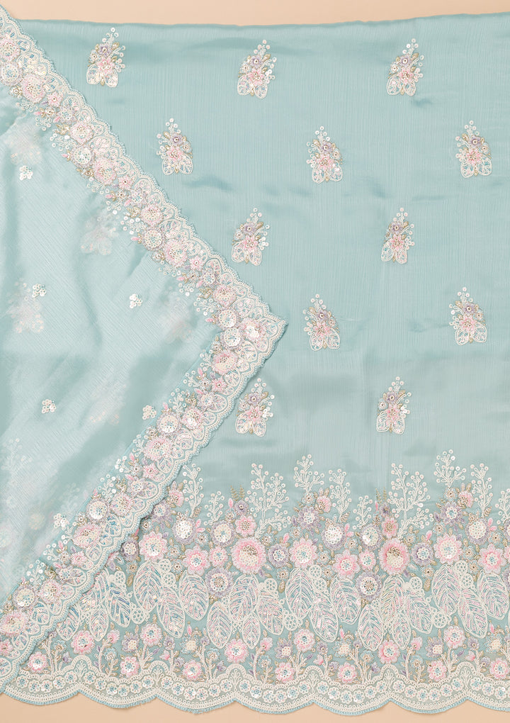 Sky Blue Threadwork Semi Crepe Unstitched Salwar Suit
