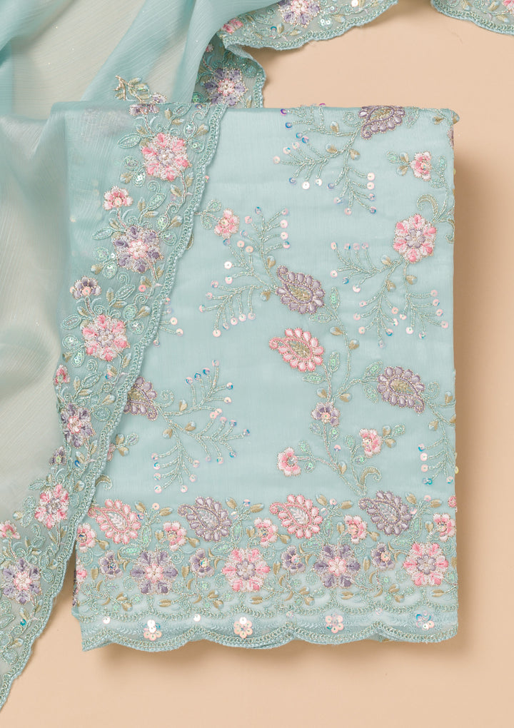 Sky Blue Threadwork Semi Crepe Unstitched Salwar Suit
