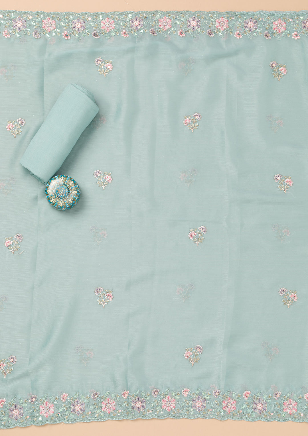 Sky Blue Threadwork Semi Crepe Unstitched Salwar Suit
