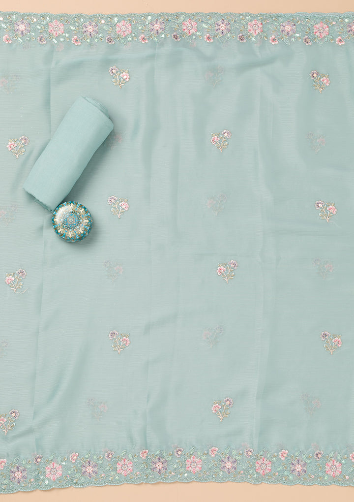 Sky Blue Threadwork Semi Crepe Unstitched Salwar Suit