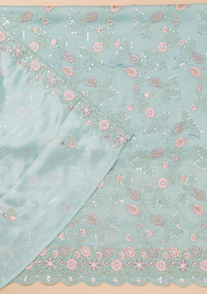 Sky Blue Threadwork Semi Crepe Unstitched Salwar Suit