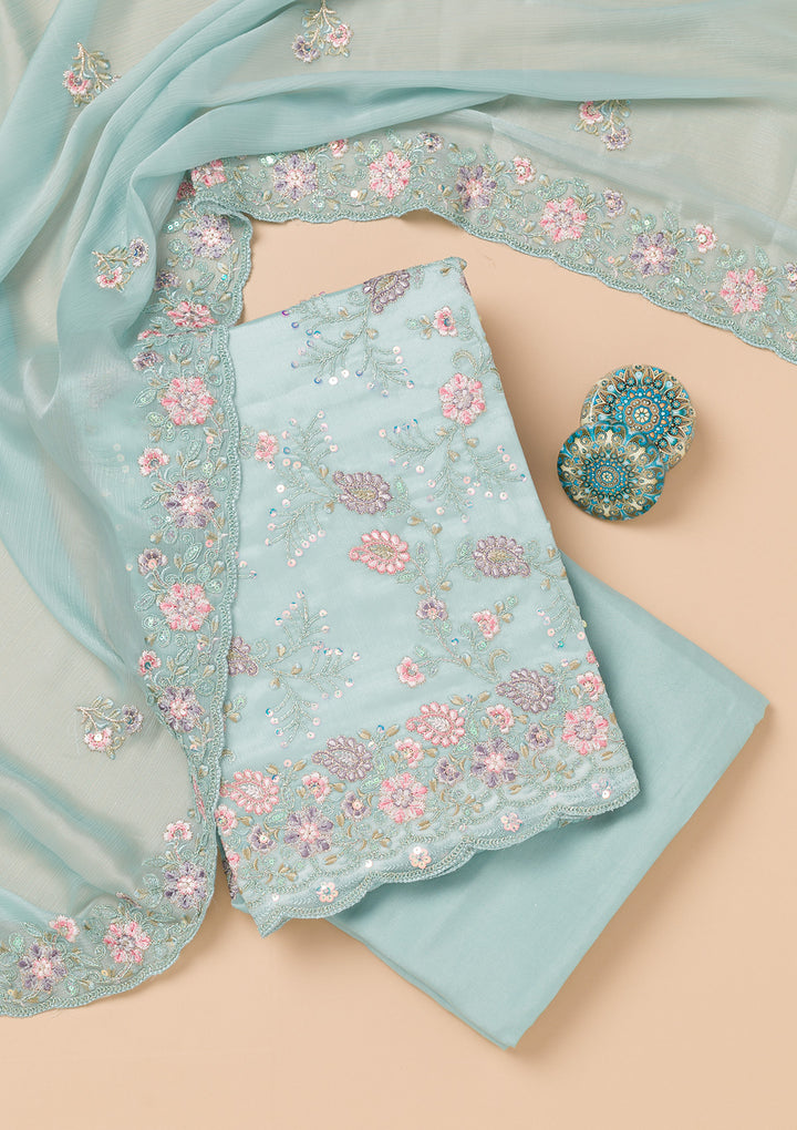 Sky Blue Threadwork Semi Crepe Unstitched Salwar Suit