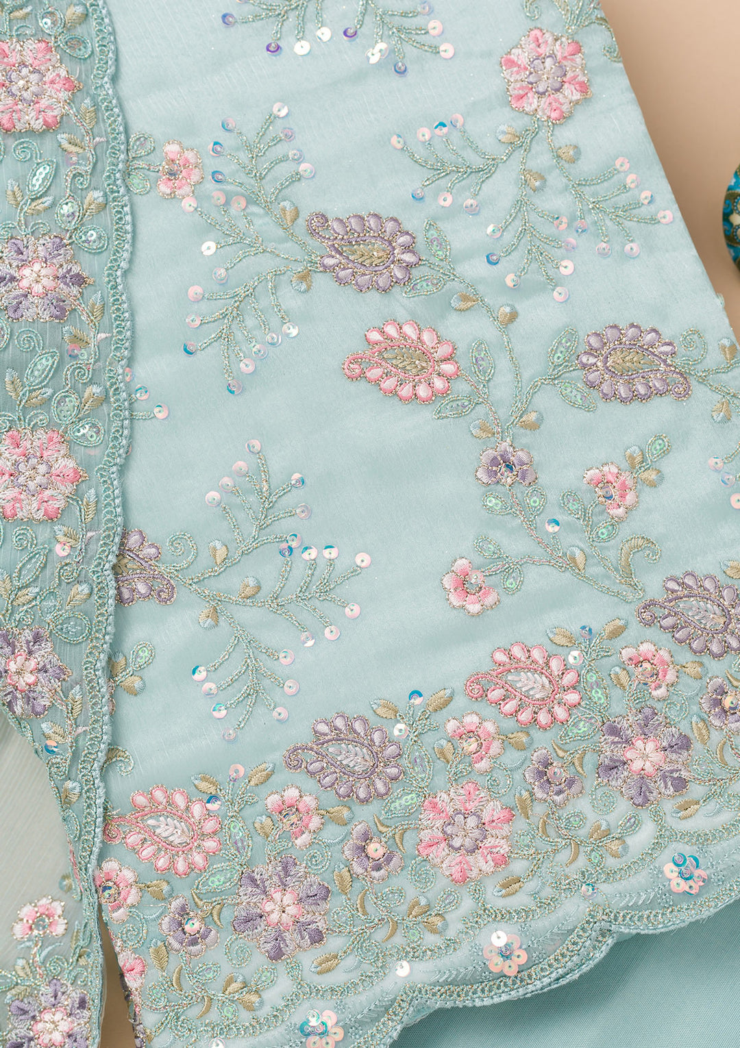 Sky Blue Threadwork Semi Crepe Unstitched Salwar Suit