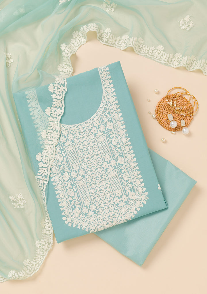 Sky Blue Threadwork Semi Crepe Unstitched Salwar Suit