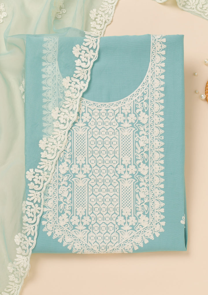 Sky Blue Threadwork Semi Crepe Unstitched Salwar Suit