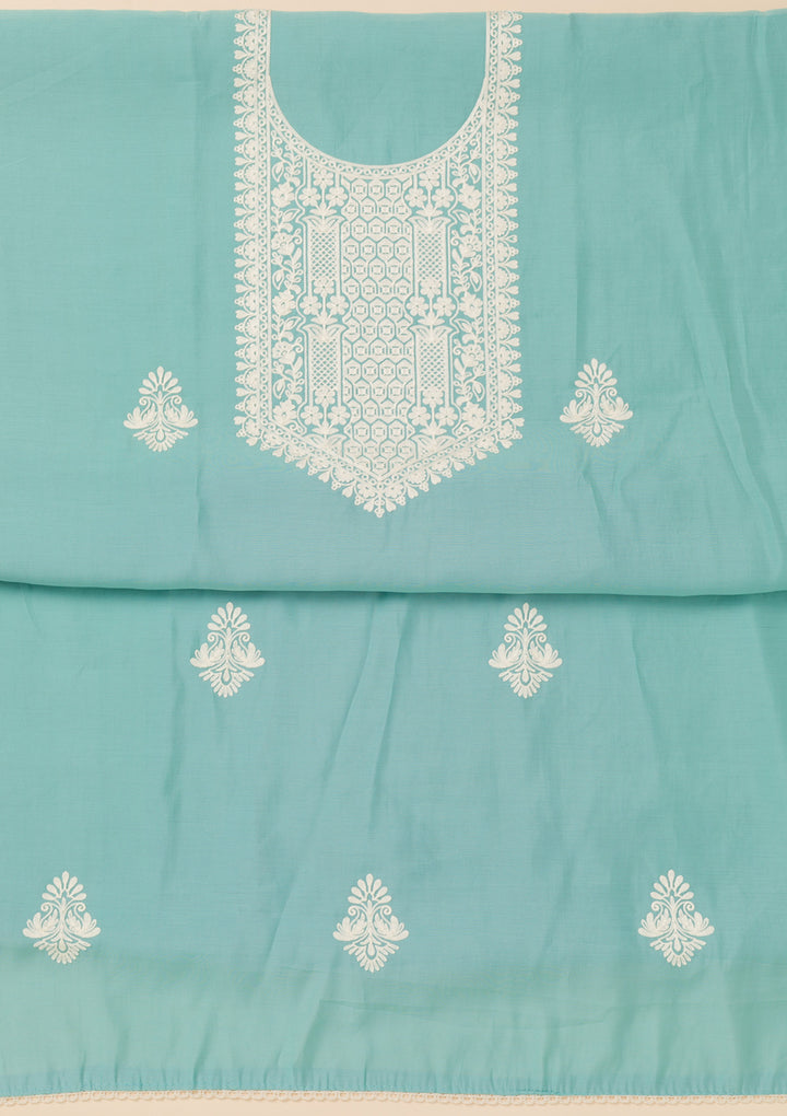 Sky Blue Threadwork Semi Crepe Unstitched Salwar Suit