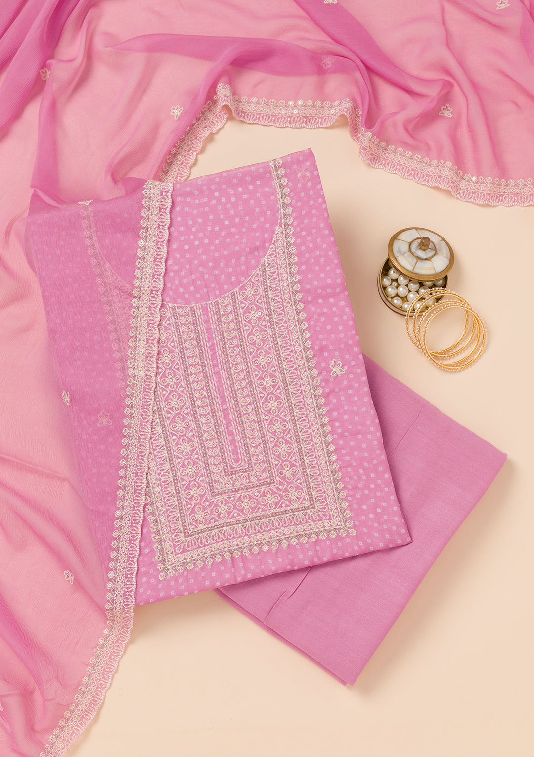 Pink Threadwork Semi Crepe Unstitched Salwar Suit