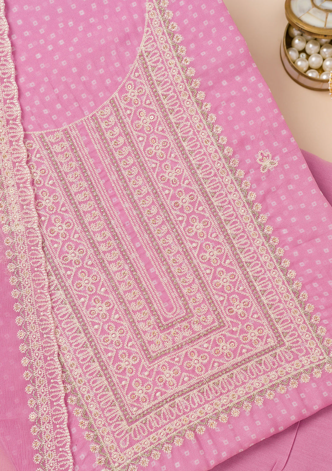 Pink Threadwork Semi Crepe Unstitched Salwar Suit