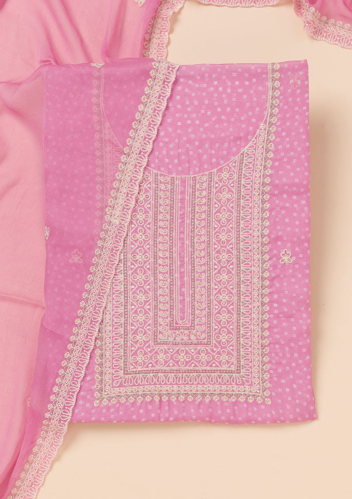 Pink Threadwork Semi Crepe Unstitched Salwar Suit