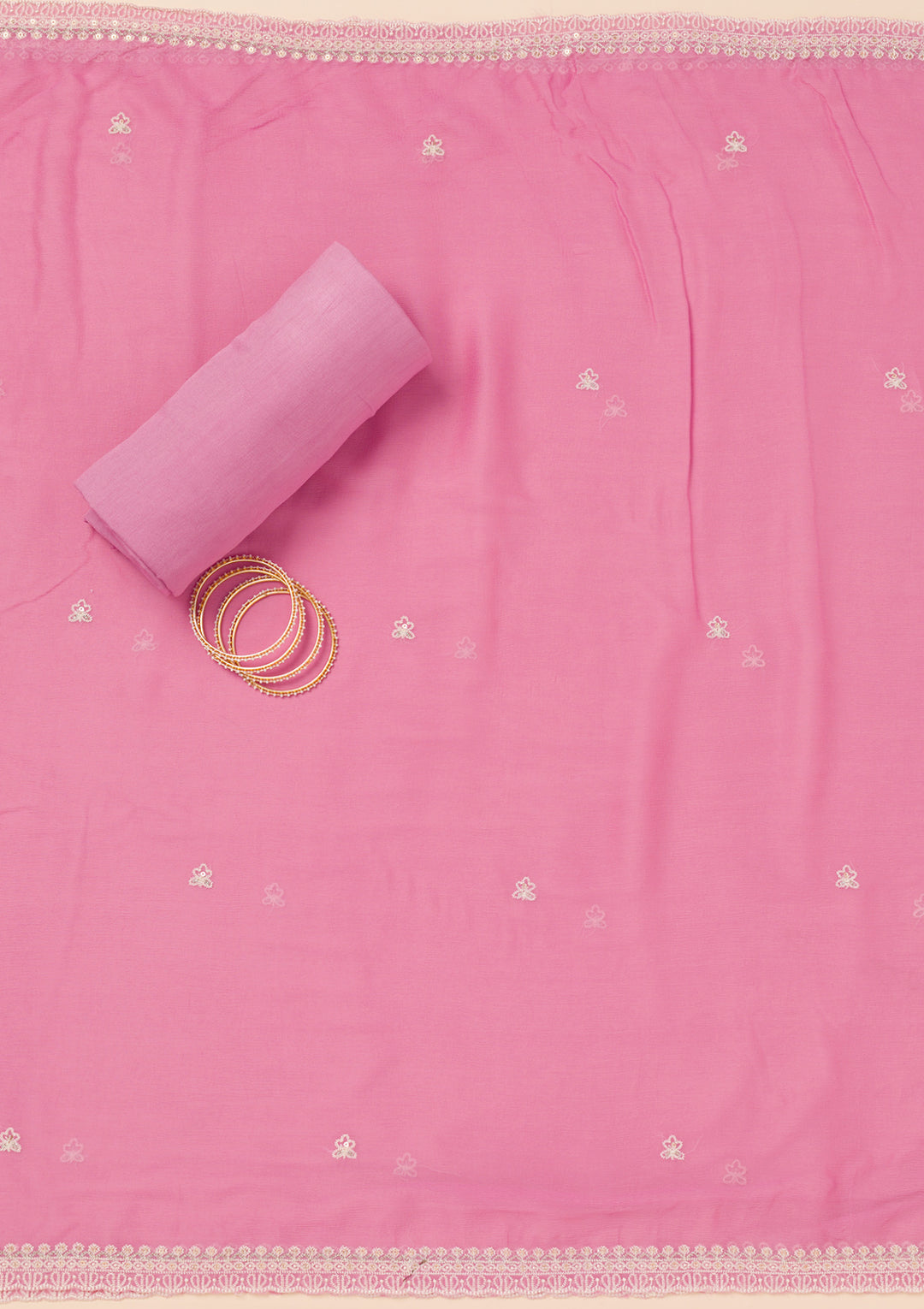 Pink Threadwork Semi Crepe Unstitched Salwar Suit