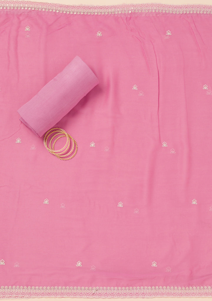 Pink Threadwork Semi Crepe Unstitched Salwar Suit